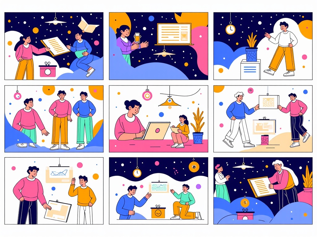 Dynamic Narrative Evolution: AI-generated illustrations that visually depict a story or concept unfolding over a series, with elements transforming or subtly revealing AI's generative process, suitable for sequential editorial content or evolving themes.