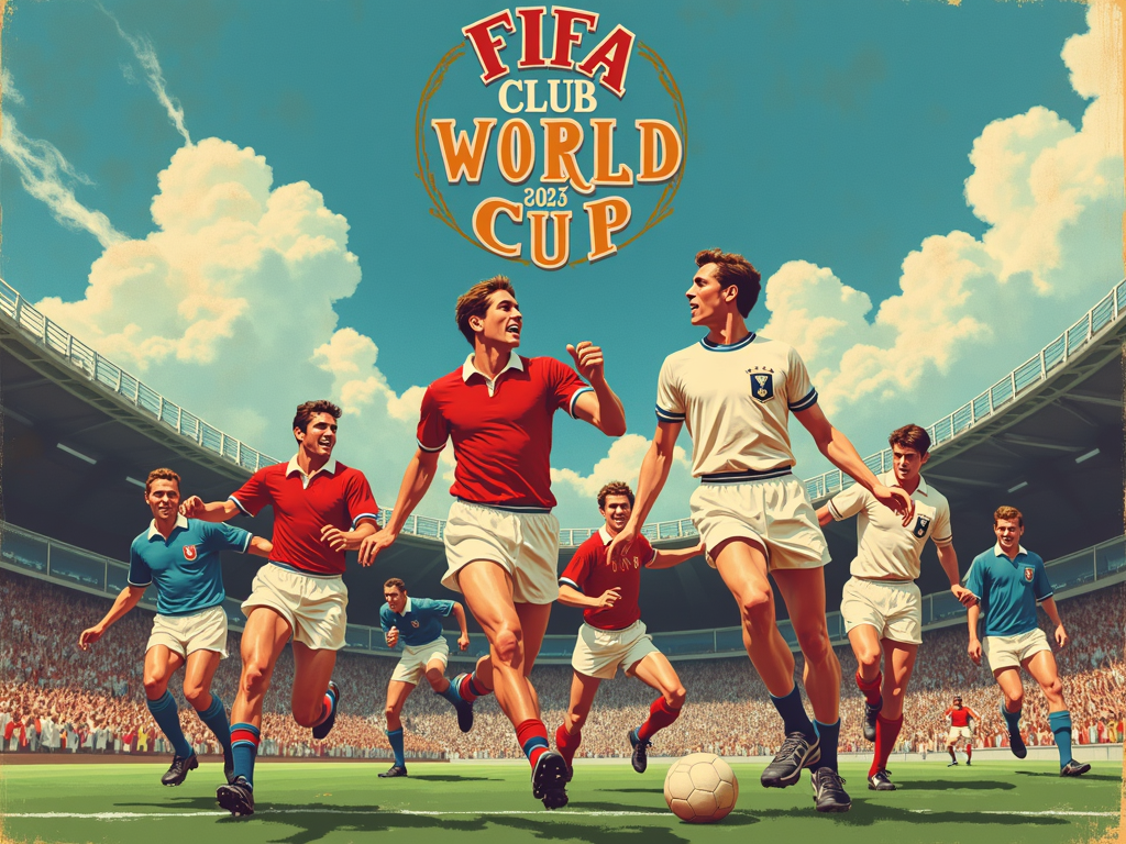 Vintage Poster Homage: A T-shirt design mimicking classic football championship posters from the mid-20th century, featuring stylized illustrations, bold retro typography, and a muted color palette for 'FIFA Club World Cup 2025'.