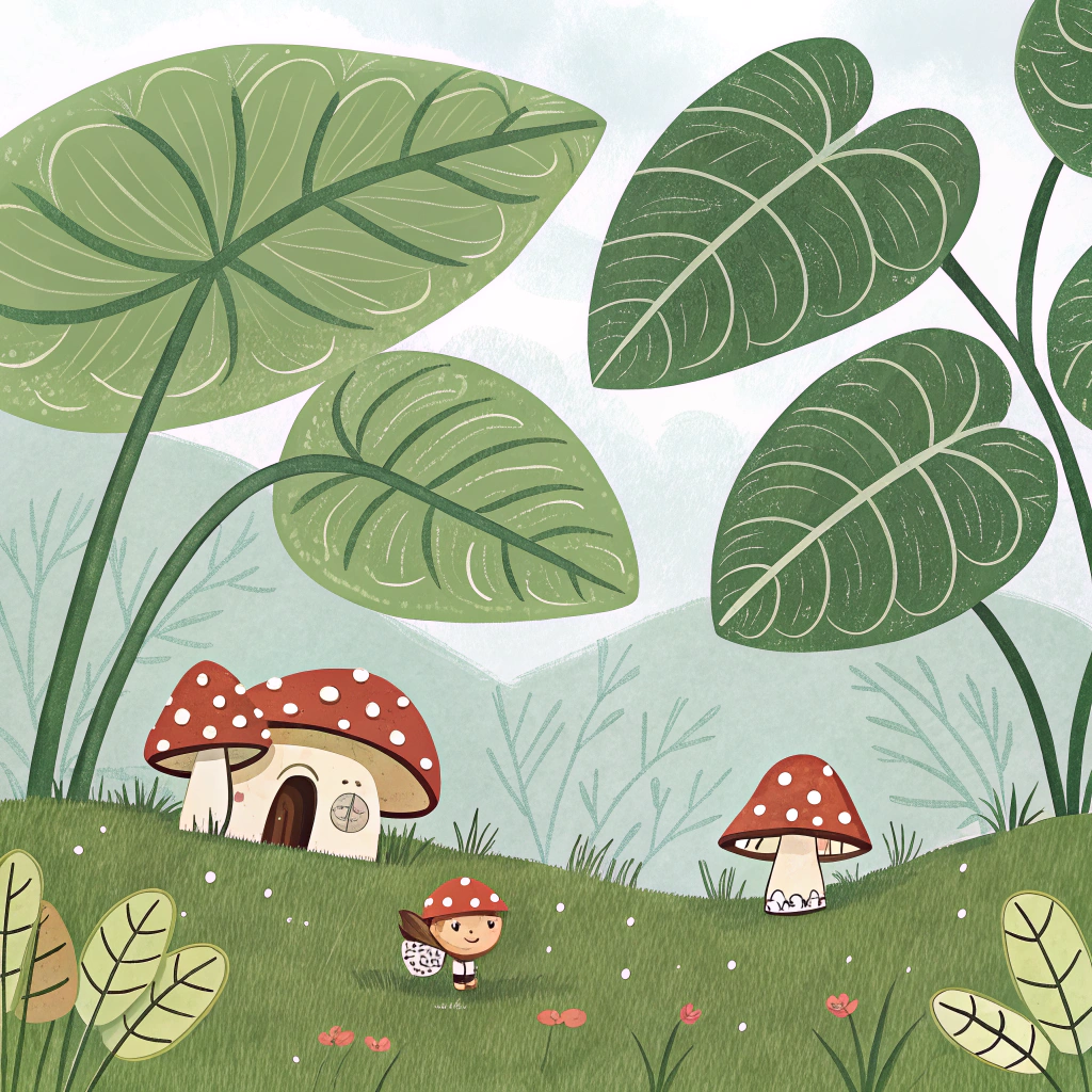 A fairy tale-inspired pattern of oversized leaves providing shelter for tiny, storybook-esque mushrooms.