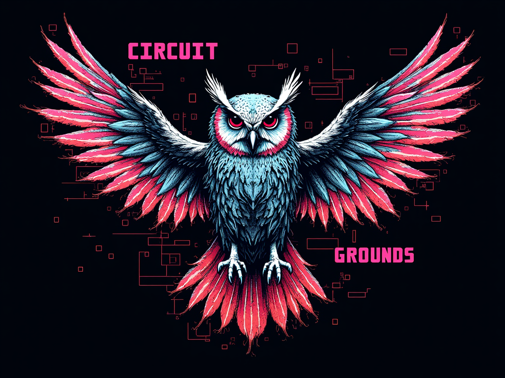 Sub-design Idea 1: Glitched Circuit Owl - A stylized EDC owl formed from circuit board patterns, heavily distorted with RGB color separation, scan lines, and pixel displacement. The text 'Circuit Grounds' appears in a fragmented, blocky font integrated into the glitch.