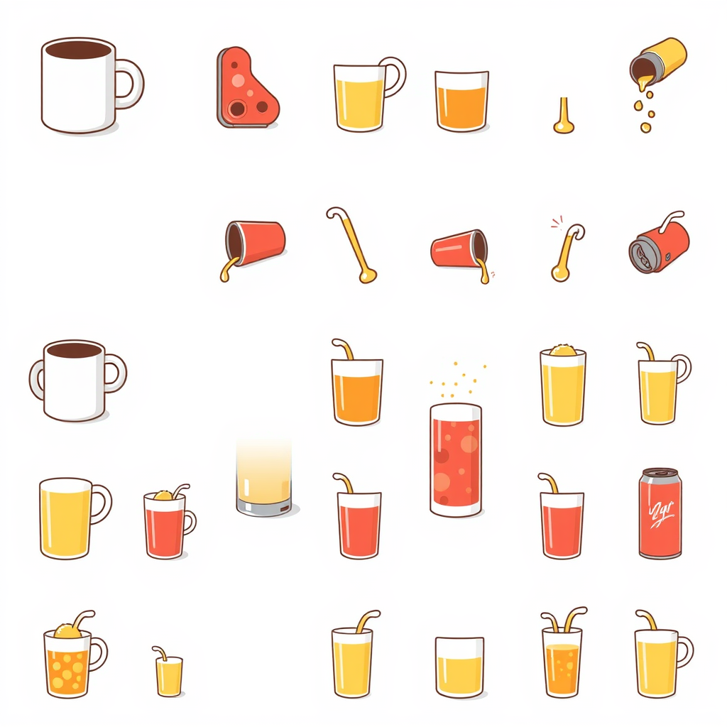 Animated Pouring Icons: Create a set where each icon (e.g., coffee mug, juice glass, soda can) features a subtle animation of the beverage pouring, fizzing, or steaming when the user hovers over or taps it. This adds a dynamic, visually engaging feel, representing the act of enjoying different drinks.
