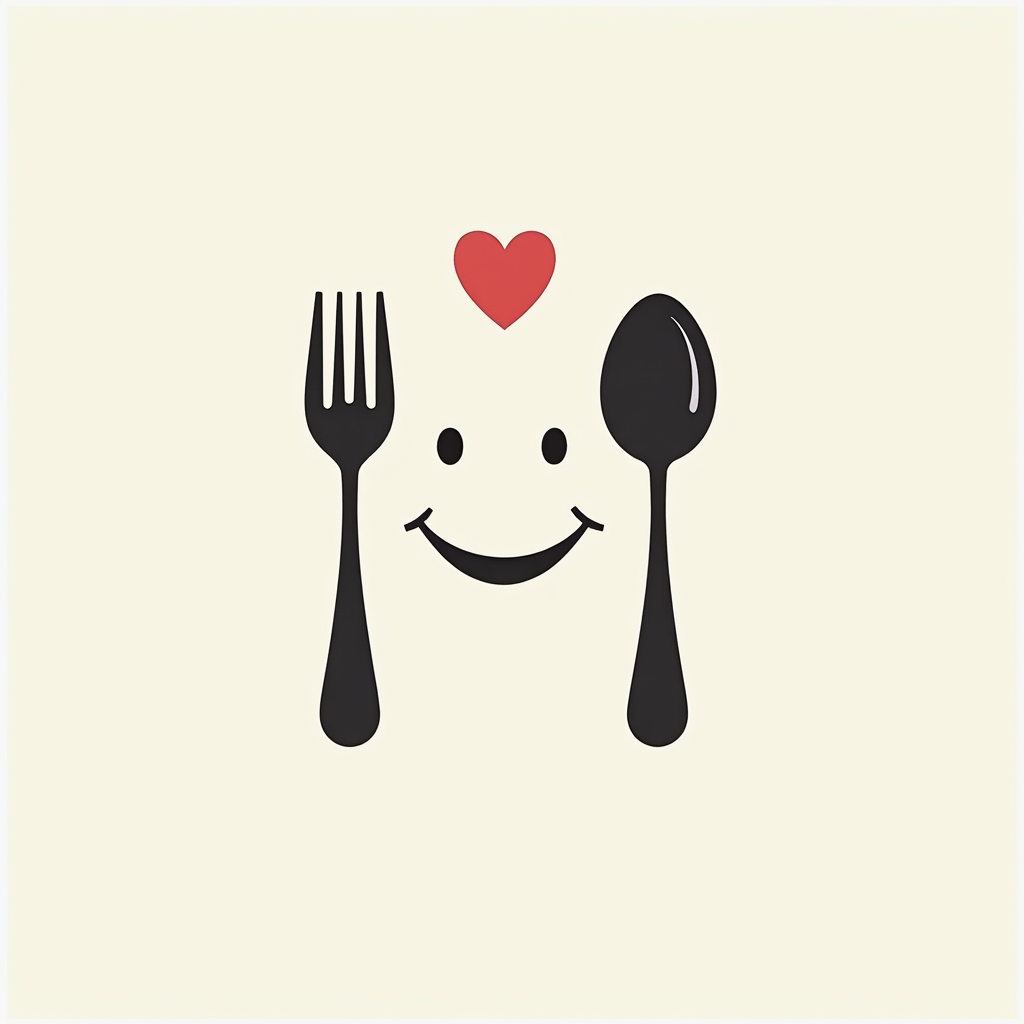 Simple Icon Idea: A fork and spoon forming a smiling face, with a small heart hovering above them, symbolizing the love of food and eating joyfully.