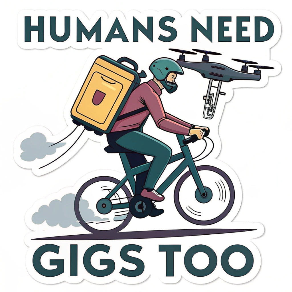 Illustration of a delivery cyclist or ride-share driver being physically overshadowed or replaced by a large robotic arm or drone. Text suggestion: 'Humans Need Gigs Too' or 'Fair Pay, Not Automation'.
