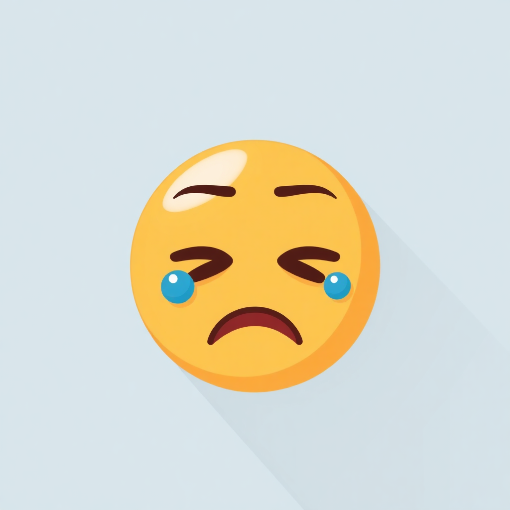 The image shows an animated yellow smiley face with a sad expression on its face, set against a light blue background.