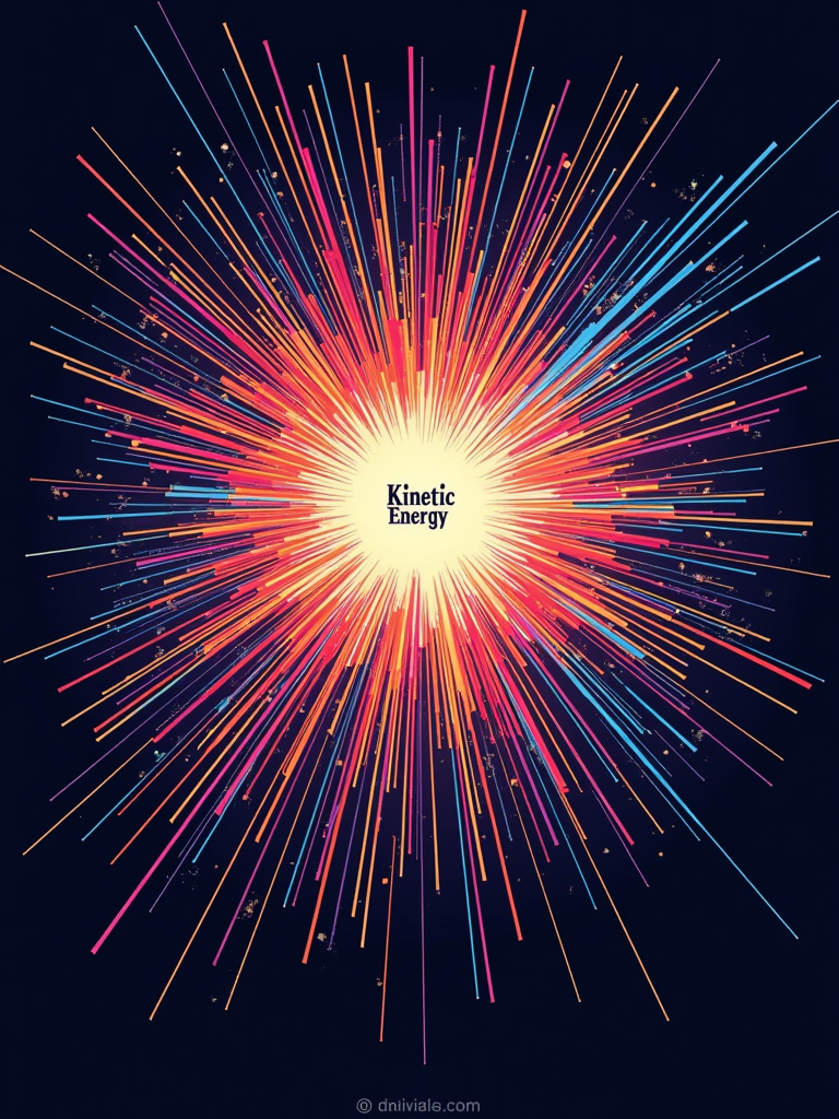 An abstract design inspired by the light shows and pyrotechnics of Kinetic Field, using dynamic lines, color bursts, and light ray effects to evoke the energy, with hidden symbols or letters forming 'Kinetic Energy' or a similar phrase within the chaos.