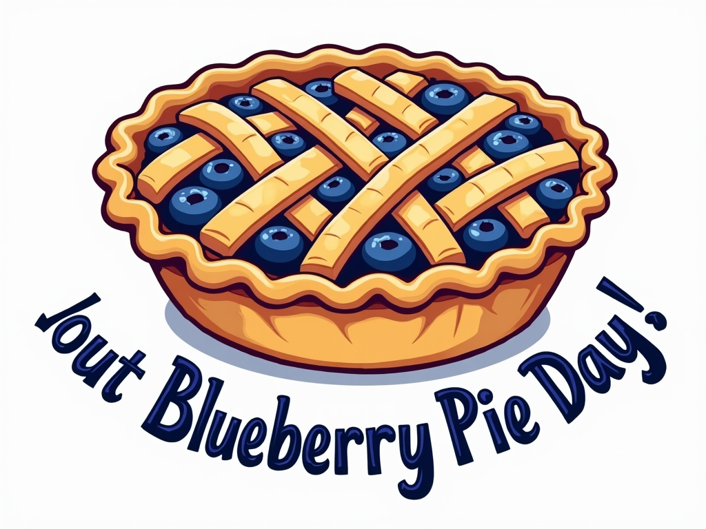 A stylized illustration of a whole blueberry pie with a detailed lattice top, viewed from a slightly overhead angle. The text 'National Blueberry Pie Day' curves around the bottom edge of the pie.