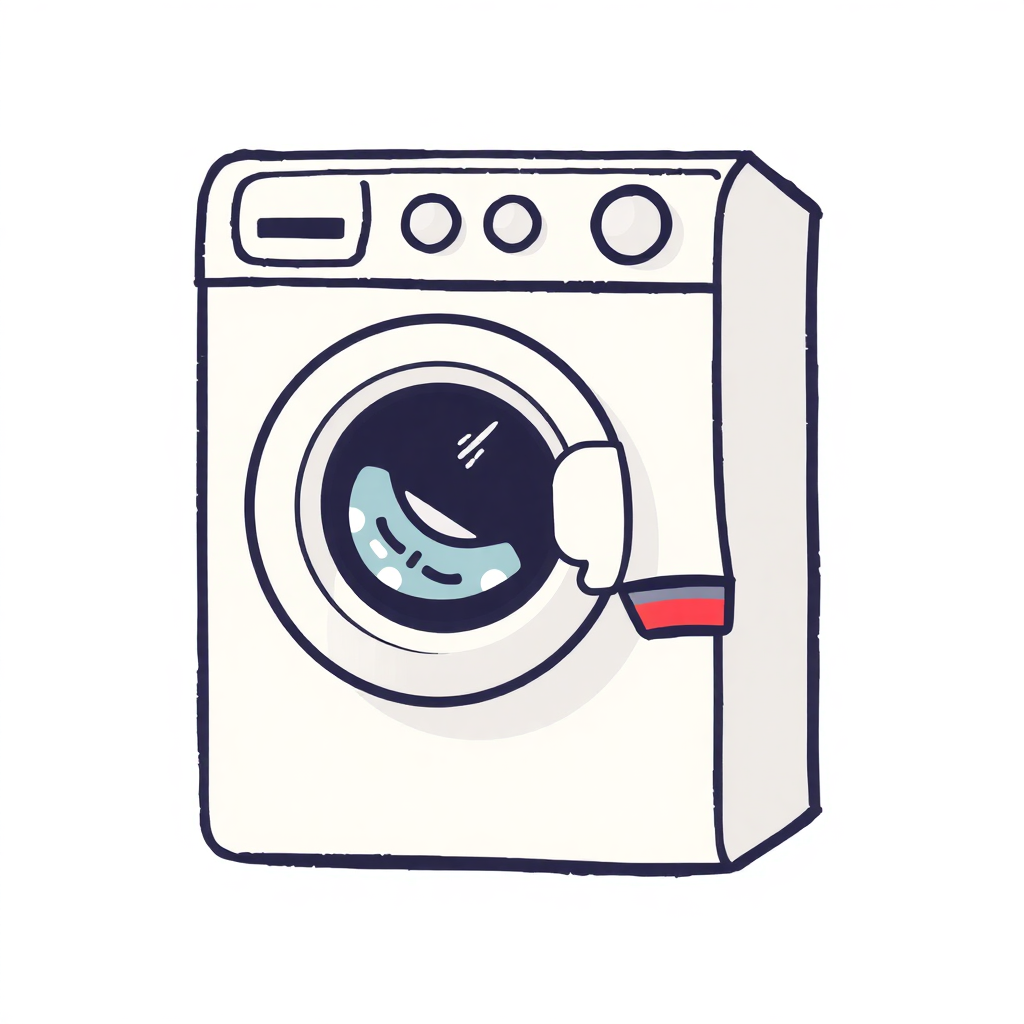 The image shows a white washing machine on a white background. It is an animated image, with the front of the machine facing the viewer. The machine has a cylindrical shape with a handle on the top and a door on the side. The door is slightly ajar, revealing the interior of the washing machine.