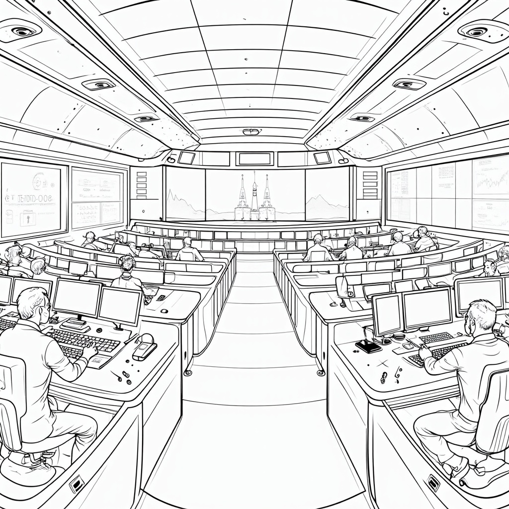 A panoramic view of the busy Mission Control room. Include rows of consoles with engineers and flight directors focused on their screens. Large main screens at the front should display the Starliner on the launch pad, telemetry data, and a prominent countdown clock (e.g., T-10:00 minutes).