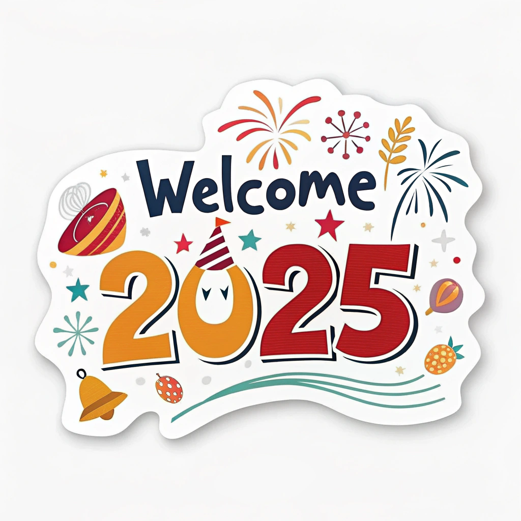 The image shows a white background with a sticker that reads Welcome 2025 in bold black lettering, surrounded by colorful fireworks and other festive decorations, creating a cheerful atmosphere to celebrate the new year.