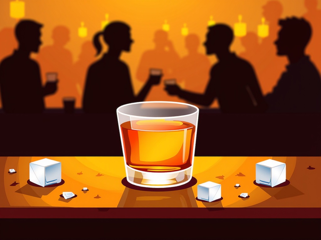 The image is an illustration of a glass of whiskey on a bar counter. The glass is filled with a golden-colored liquid and is placed in the center of the counter. Around the glass, there are several ice cubes scattered around. In the background, there is a group of people sitting at the bar, silhouetted against an orange background. The people are holding their phones and appear to be engaged in conversation. The overall mood of the image is lively and casual.