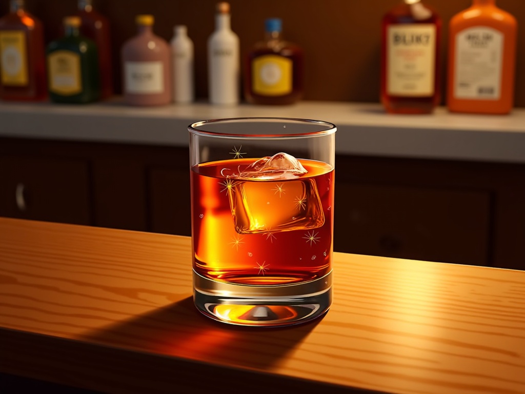  a glass of whiskey on a wooden bar counter. The glass is filled with a golden-brown liquid and has ice cubes floating in it. The background is blurred, but it appears to be a bar with several bottles of alcohol on the countertop. The bottles are of different sizes and colors, including orange, green, and white. The overall mood of the image is warm and inviting.