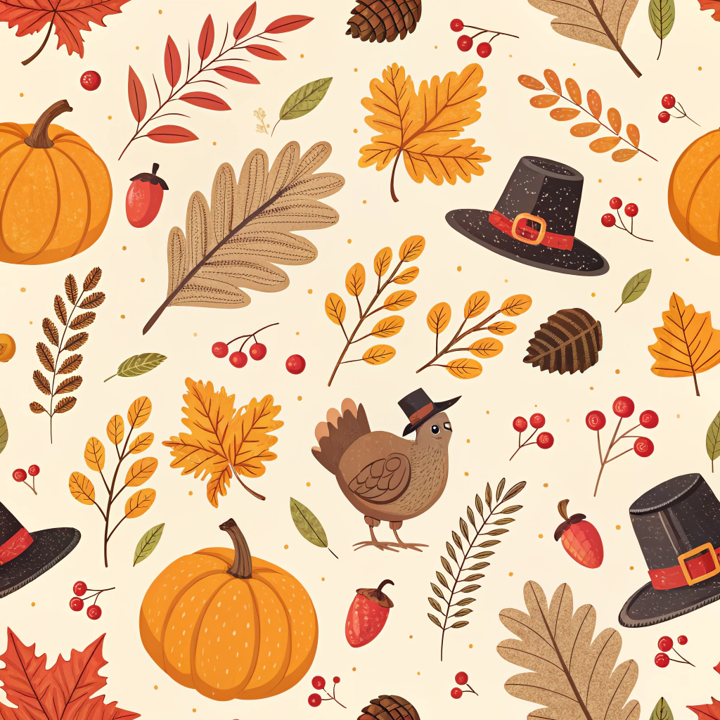 A seamless Thanksgiving pattern featuring various symbols associated with the holiday. Small roasted turkeys, vibrant pumpkins, golden autumn leaves, and pilgrim hats are scattered over a cream background. The motifs are intertwined with red and orange berries, creating a warm, festive vibe perfect for the Thanksgiving season.