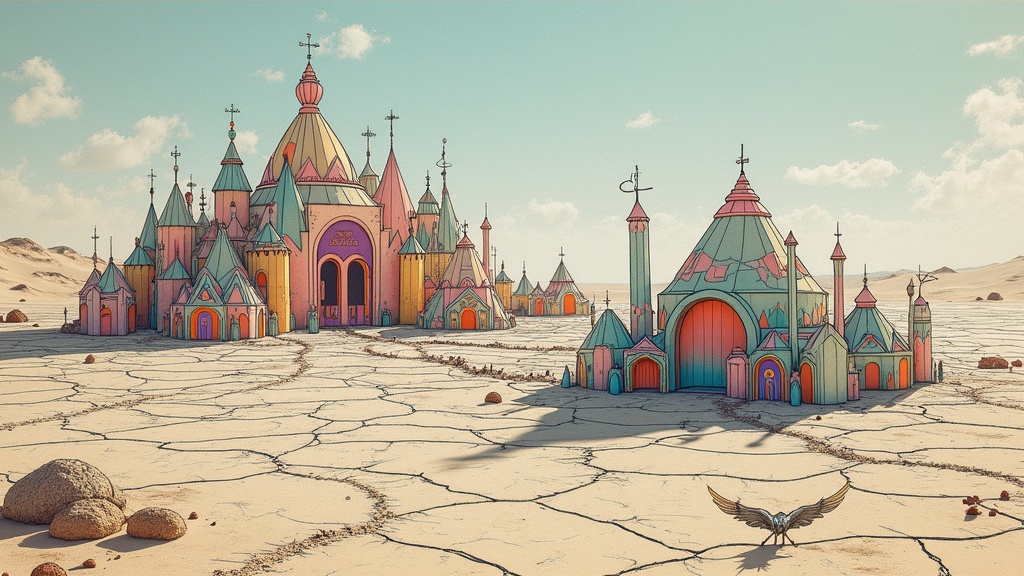 The Dreamer's Blueprint: An ethereal design showcasing faint, blueprint-style outlines of Black Rock City's layout and key ephemeral art installations. These are sketched over a textured background representing the cracked playa surface. Wisps of 'dream smoke' or stardust weave through the design, symbolizing the manifestation of collective dreams into tangible landscape art.
