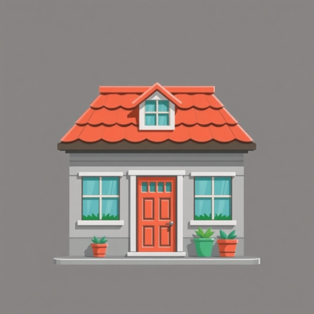 The image is a digital illustration of a small house with a red tiled roof. The house has a gray exterior with white trim and a red door in the center. There are three windows on either side of the door, each with a white frame and a small window above the door. The roof is made of red tiles and has a small chimney on top. There is a small balcony at the front of the house with three potted plants on it. The background is a light grey color. The overall style of the illustration is flat and cartoon-like.