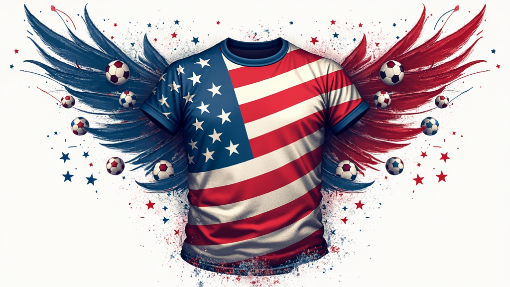 Design Idea 2: 'Stars, Stripes & Soccer'. A T-shirt with a dynamic design reinterpreting US flag elements for a soccer context. Stars could be depicted as soccer balls, and stripes as flowing athletic ribbons or cleat marks from a soccer boot. Text elements: 'FIFA Club World Cup USA 2025', 'The World's Best, Stars & Stripes Welcome'. Color scheme: Classic red, white, and blue, potentially with a vintage or distressed aesthetic.