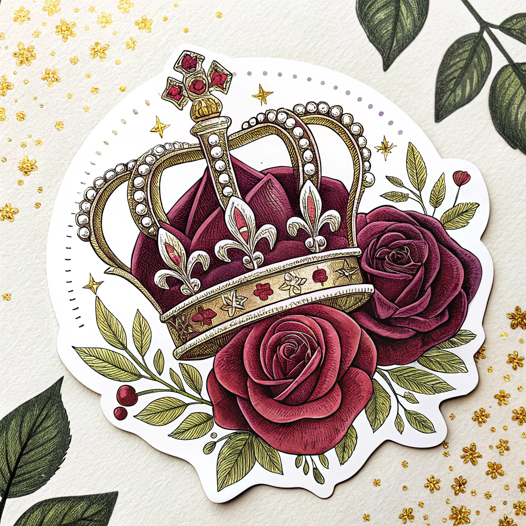 Classic Elegance: A regal crown intricately woven from detailed roses and leaves, paired with a scepter topped by a single perfect rose. Gold foil accents on a rich, deep red or royal purple background.