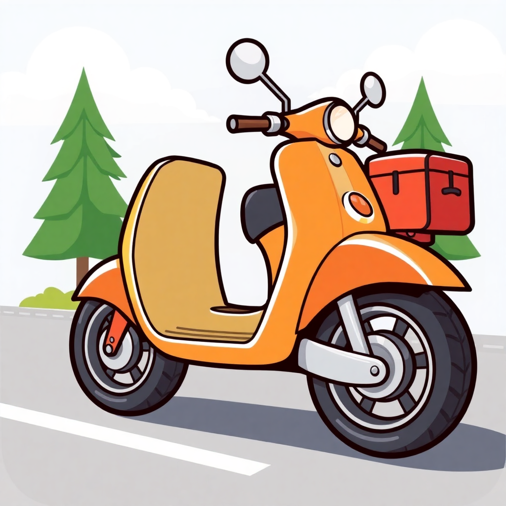 The image is an illustration of a scooter on a road. The scooter is orange in color and has a red suitcase attached to the back. It has a round headlight and two side mirrors on the front. The handlebars are curved and the seat is upholstered in a light-colored fabric. The motorcycle is parked on the side of the road with two trees in the background. The sky is blue and there are white clouds in the sky. The road appears to be empty, with no other vehicles or people visible.