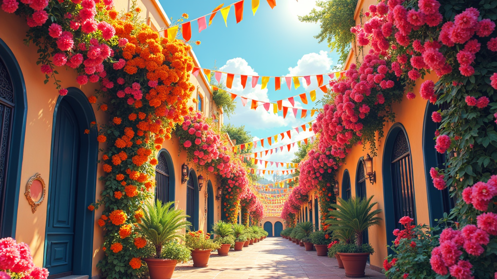 Cascading Floral Vines & Papel Picado Garlands: Create a design with overflowing floral vines (e.g., bougainvillea, marigolds) cascading down the shirt, intertwined with strings of bright Papel Picado banners, giving a sense of depth and festive movement.