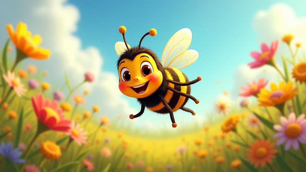 A cheerful cartoon bee with big, friendly eyes and a wide smile is hovering mid-air. Its black and yellow striped body is complemented by tiny, transparent wings glistening in the sunlight.