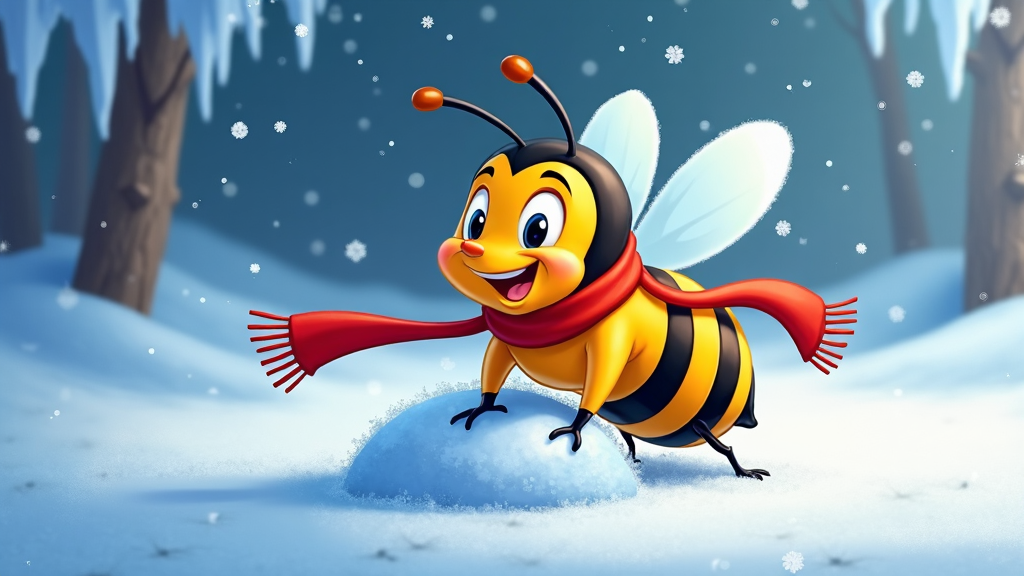 A cartoon bee in winter gear, scuttling over a snowflake, with its tiny scarf flowing in the chilly air.