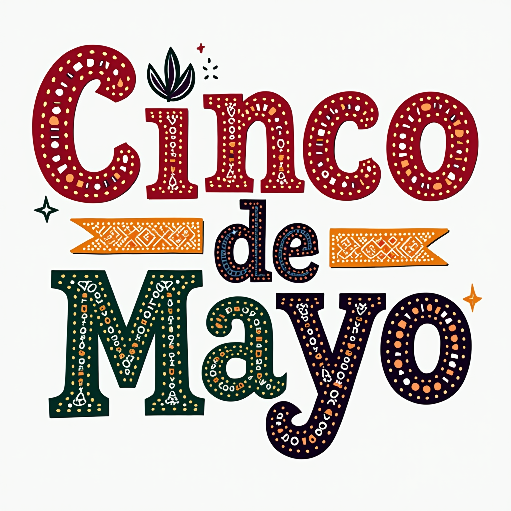 Simple Papel Picado Logo-Type Tee: A T-shirt design incorporating 'Cinco de Mayo' text where key letters (like 'o') are stylized as Papel Picado circles with simple cut-outs, or a delicate Papel Picado banner gracefully integrated above or below the main text for a themed logotype appearance.