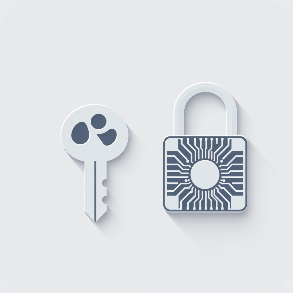 Pixelated Key & Circuit Lock: Design a classic key shape where the teeth are clearly formed by distinct, sharp-edged pixels. This key aims towards a modern padlock icon whose body features a subtle, clean integrated circuit board pattern etched onto its surface.