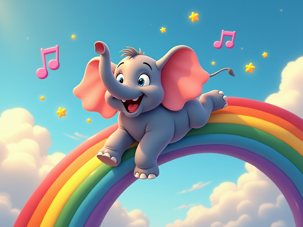 An action shot of an elephant sliding down a rainbow with a big grin, surrounded by floating musical notes and stars, creating a whimsical, lighthearted feel.