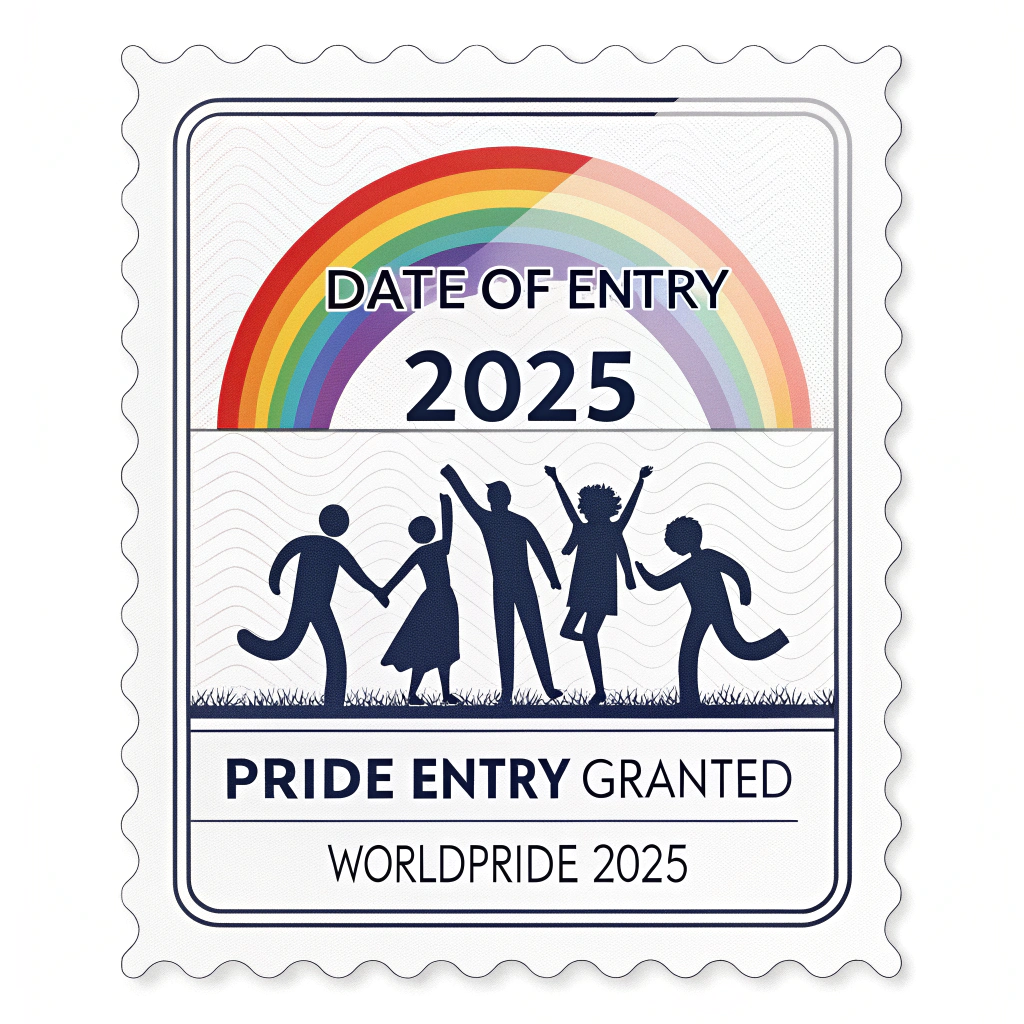 Sub Design Idea 4: 'Pride Entry Granted' Stamp - A rectangular stamp with an official look, including a space for a 'Date of Entry' (pre-filled with '2025') and text like 'Pride Entry Granted - WorldPride 2025'. It could feature a silhouette of diverse people holding hands under a rainbow arch.