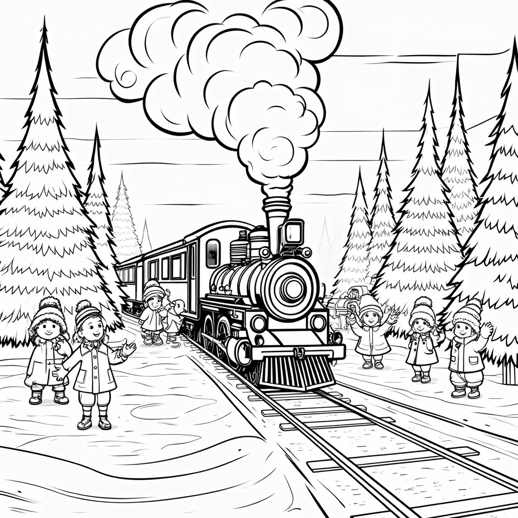 The image shows a black and white sketch of a train on a railway track with a few people standing on it, surrounded by trees in the background. The train is emitting smoke, giving the image a whimsical feel.