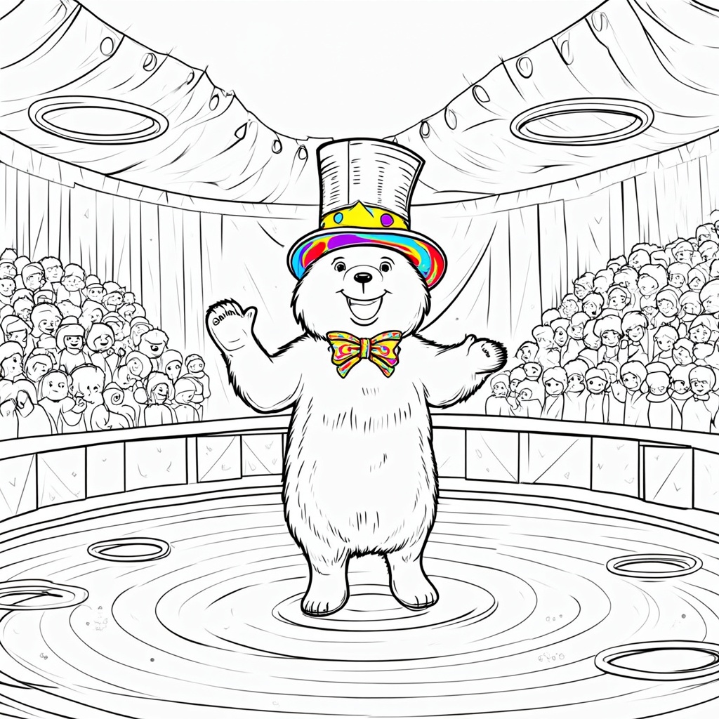 A dancing bear in a circus setting, surrounded by props like hoops and juggling balls.