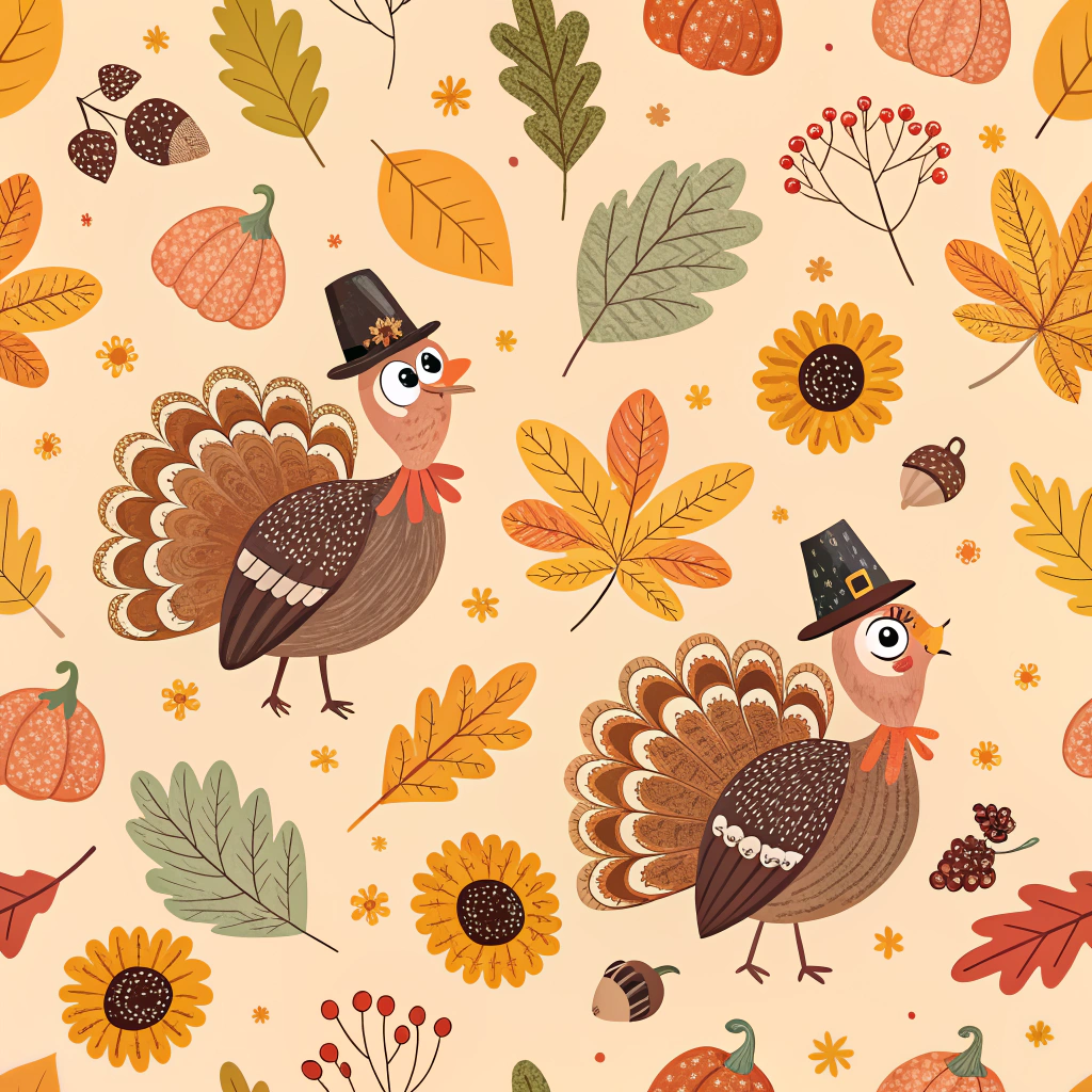 An artistic Thanksgiving pattern featuring cute turkeys wearing tiny pilgrim hats. The turkeys are interspersed with clusters of multicolored autumn leaves, acorns, and small, whimsical sunflowers, all set on a soft orange background to capture the essence of fall.