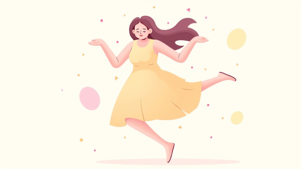 The image is an illustration of a young woman in a yellow dress. She is in mid-air, with her arms stretched out to the sides and her legs slightly bent at the knees. Her hair is long and flowing, and she has a big smile on her face. The background is white, and there are small pink and yellow confetti scattered around her. The overall mood of the image is joyful and carefree.