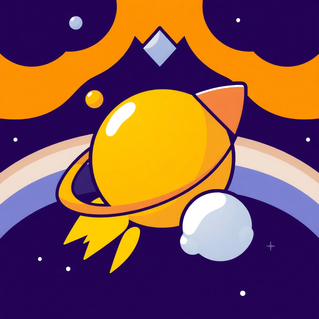 The image is an illustration of a yellow bird flying in space. The bird is in the center of the image, with its wings spread wide and its head turned towards the right side of the frame. It has a pointed beak and a long tail. The background is a deep purple color with a rainbow arching across it. The rainbow is made up of different shades of orange, yellow, and blue, creating a gradient effect. There are also small white dots scattered throughout the image. The overall style of the illustration is cartoon-like and playful.