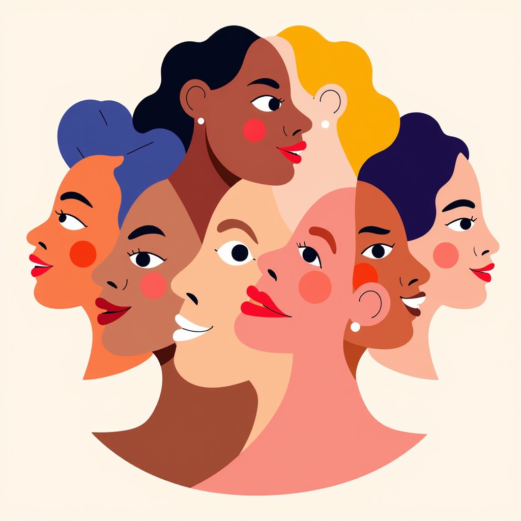 Several women's faces merging together to form a single, strong face, signifying collective power and leadership.