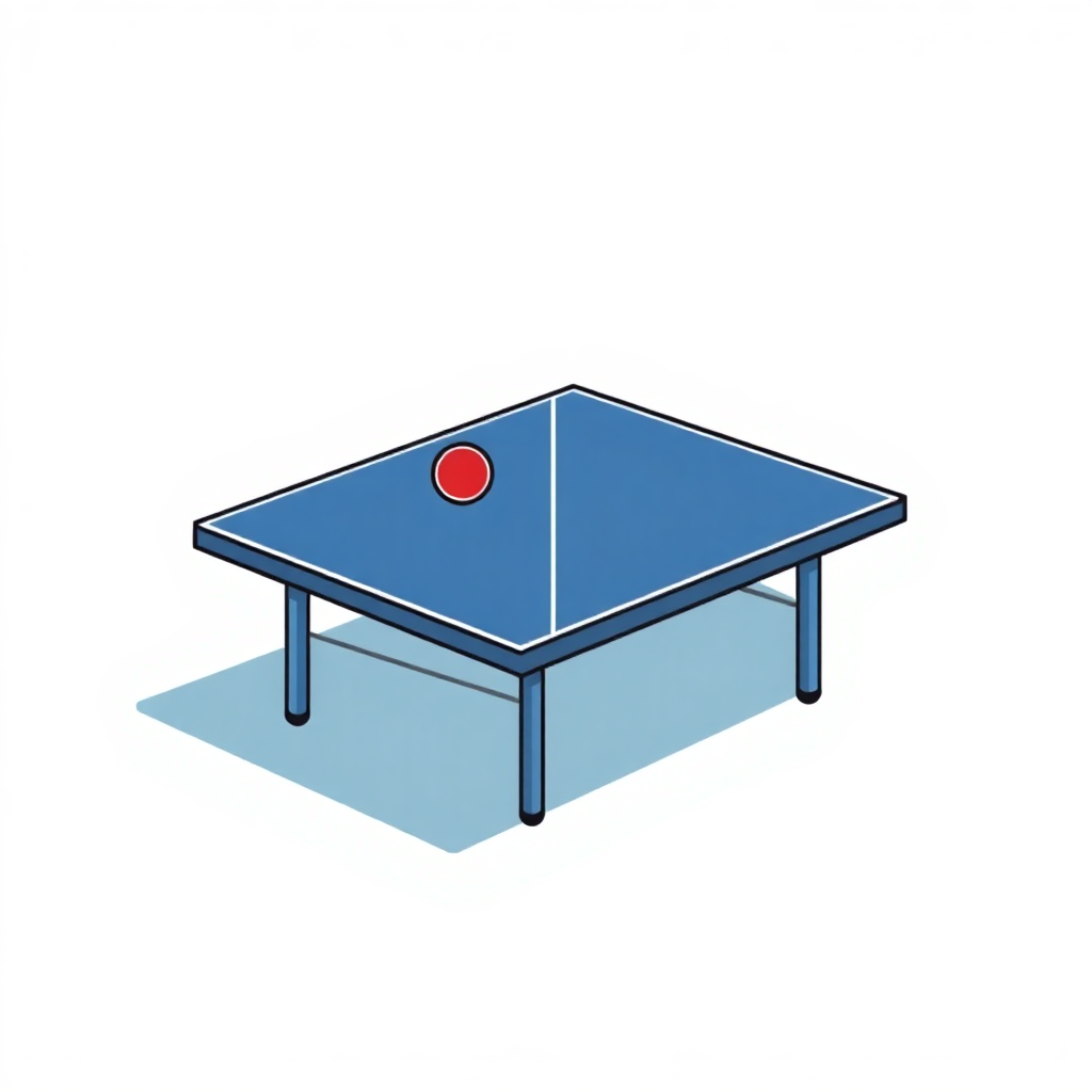 The image is a 3D illustration of a ping pong table. The table is rectangular in shape and has a blue surface with four legs. On the top of the table, there is a red ping-pong ball in the center. The ball is facing towards the right side of the image. The background is white. The image is in a flat, cartoon-like style.