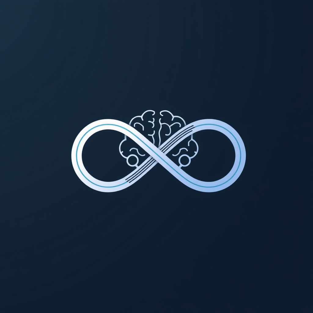 A clean infinity symbol subtly integrated with a faint digital brain or circuit pattern, representing boundless AI-driven creativity.