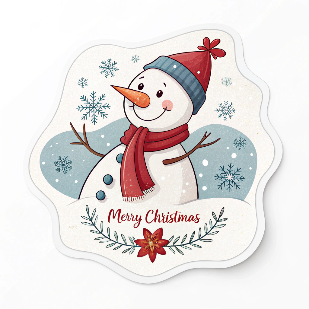 The image shows a merry Christmas card with a snowman wearing a red hat and scarf, surrounded by snowflakes and a flower. The snowman has a cheerful expression on its face, and the text 