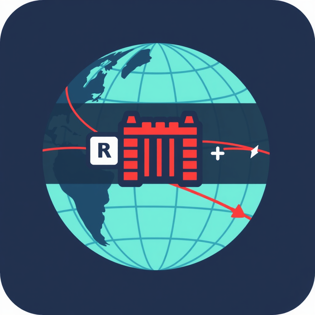 Global Routes & Barriers Icon: Stylized globe with trade routes depicted as lines. A 'tariff wall' or 'customs gate' icon visually interrupts a key trade route. Small graphical indicators (e.g., thinner line post-barrier, or up/down arrows) signify economic impact on that route.