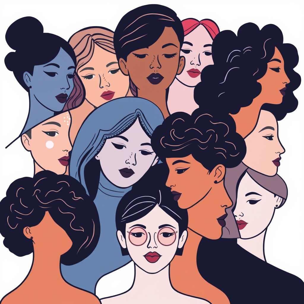 A collection of diverse female faces intertwined, symbolizing unity and solidarity.