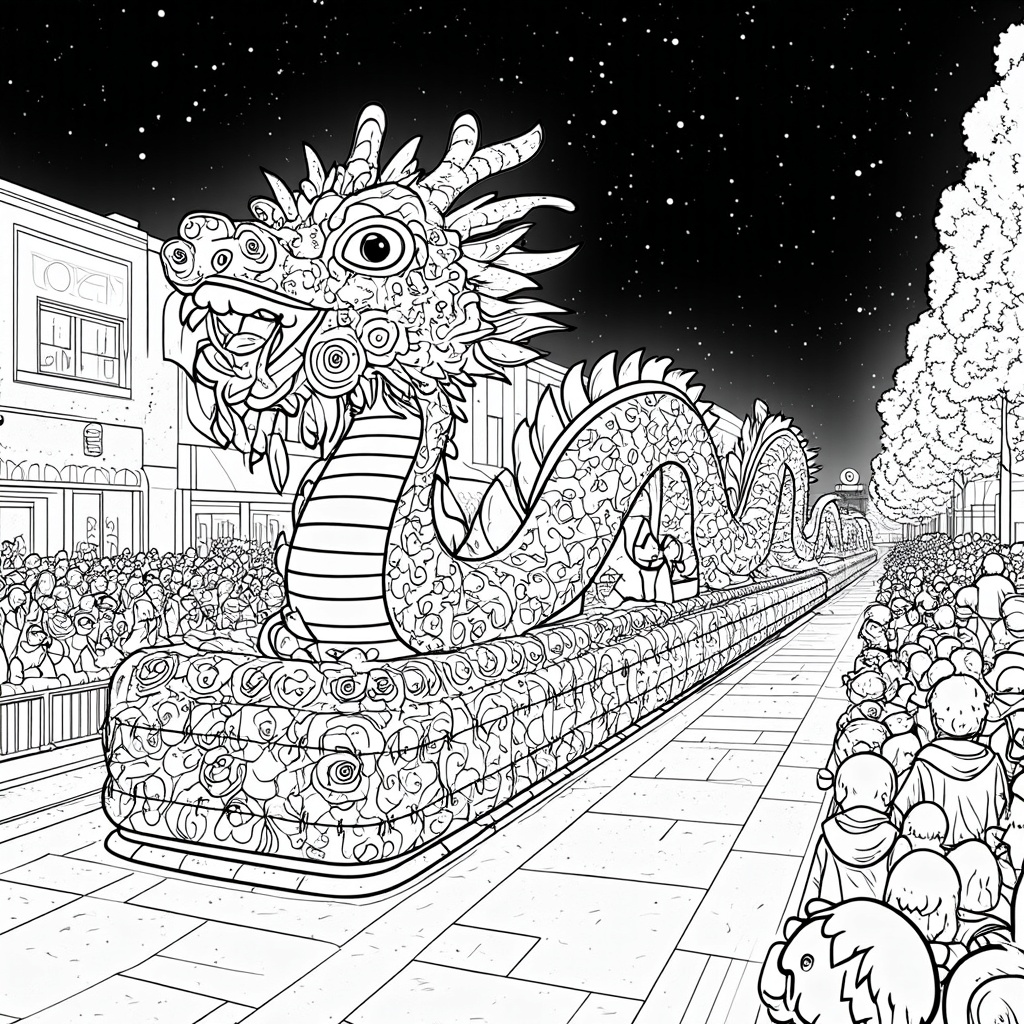 A coloring page showcasing a grand, illuminated floral float (e.g., a dragon, swan, or castle made of roses) moving down a street lined with cheering spectators, with the Portland skyline silhouetted against a starry night sky. Include details like twinkling lights on the float and glowing elements.