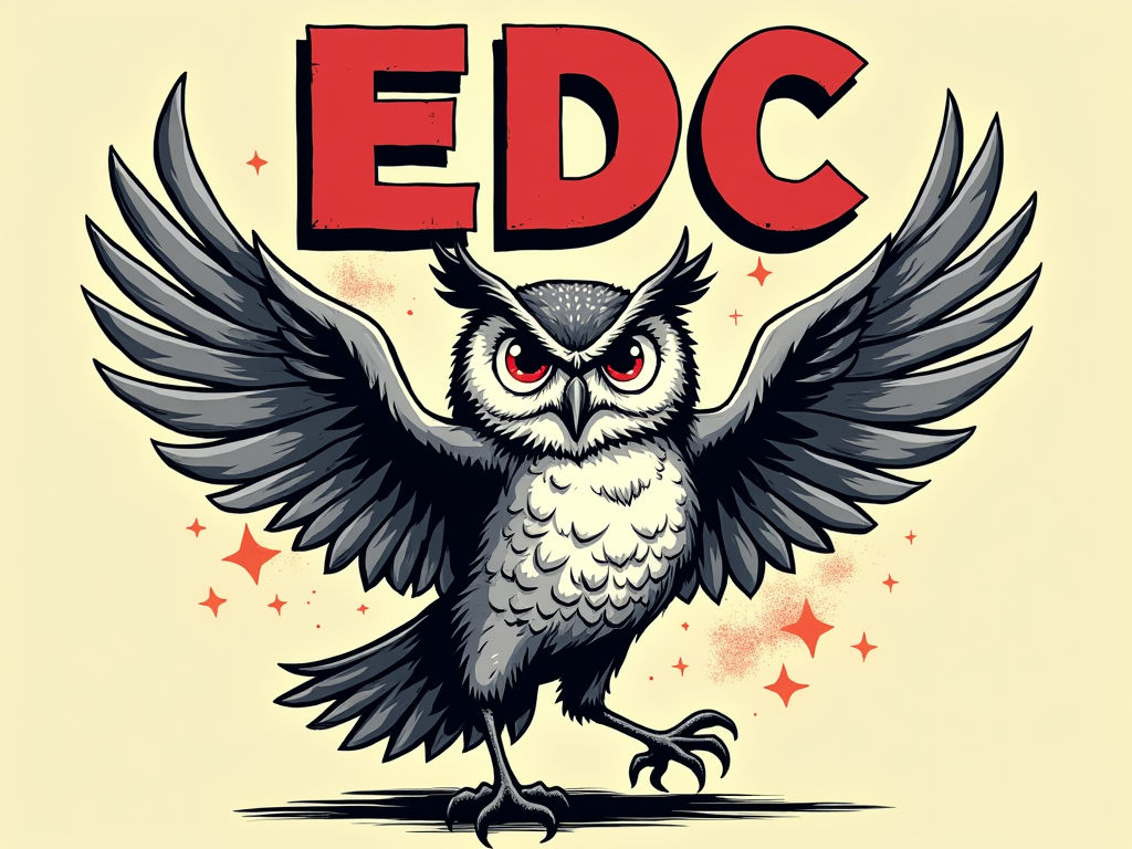 Sub-design 2: Comic Book Owl Blast - Owl mascot in a vintage comic book style (thick outlines, halftone shading) with dynamic 'EDC' text and action lines.