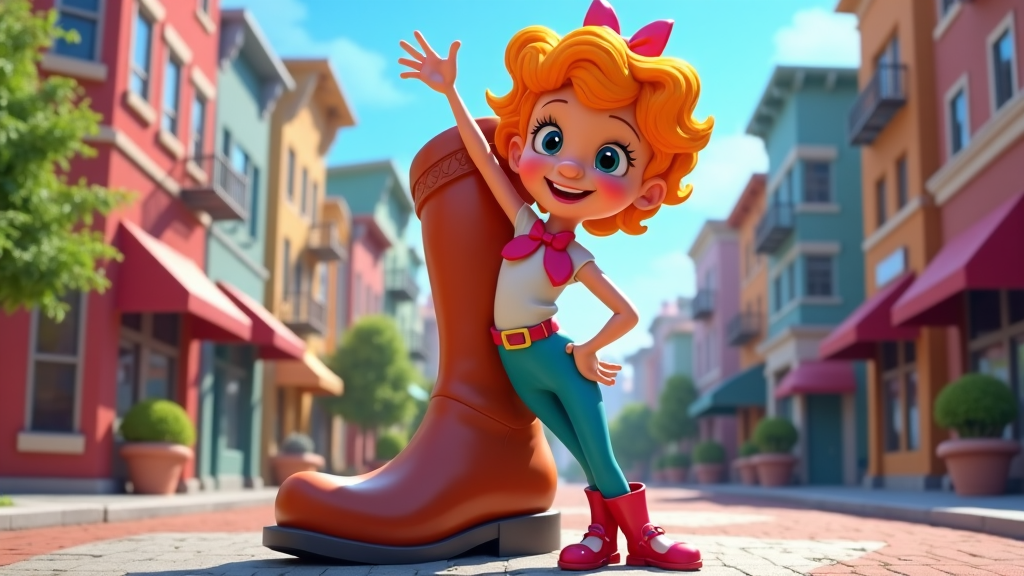 In an urban setting, the 'Monopoly Girl' stands next to a giant boot sculpture, reminiscent of the classic game piece. Her outfit includes a playful bowtie, matching the playful hues of the cityscape behind her, blending Monopoly's timeless appeal with modern city life adventures.