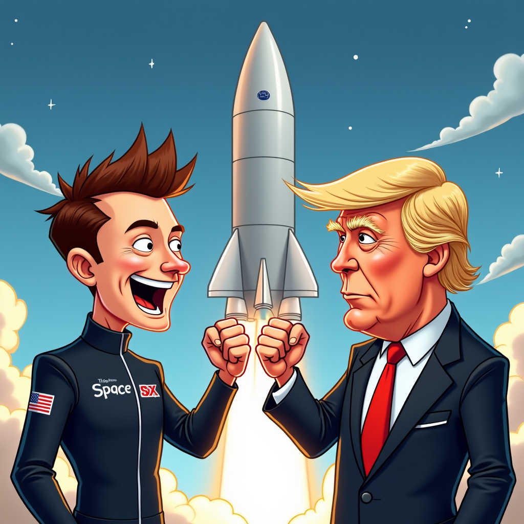 Comic-style illustration of Elon Musk and Donald Trump fist-bumping in front of a SpaceX capsule, both illustrated with exaggerated facial expressions.