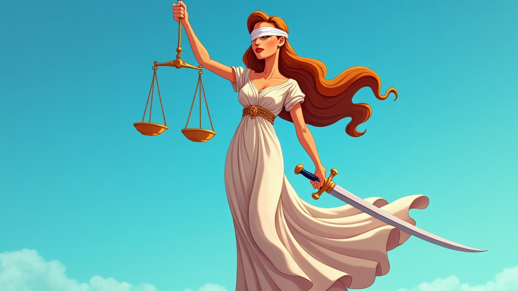 A cartoon depiction of Lady Justice holding a balanced scale and a sword, blindfolded to represent impartiality. Her attire is a classical Greek gown, flowing elegantly in the wind, with vibrant colors highlighting her figure against a solid blue background.