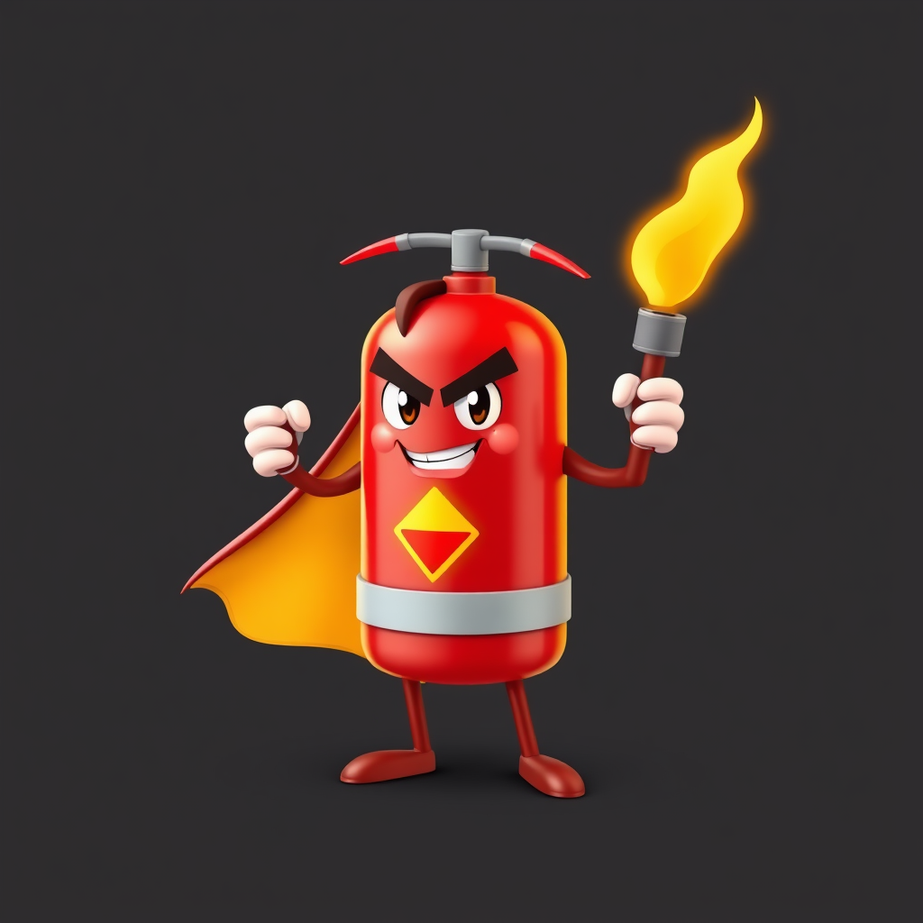 A fire extinguisher character that looks like a superhero, complete with a cape or a determined expression.