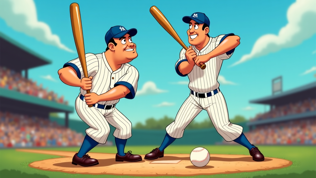 Sub-Design Idea 2: 'Elastic Impact & Follow-Through' - Utilizing a rubber-hose animation style, Babe Ruth's body dramatically stretches, twists, and contorts during and after contact. The bat bends, the ball visibly squashes on impact, and his follow-through is an impossible, swirling flourish of motion, highlighting cartoon physics.