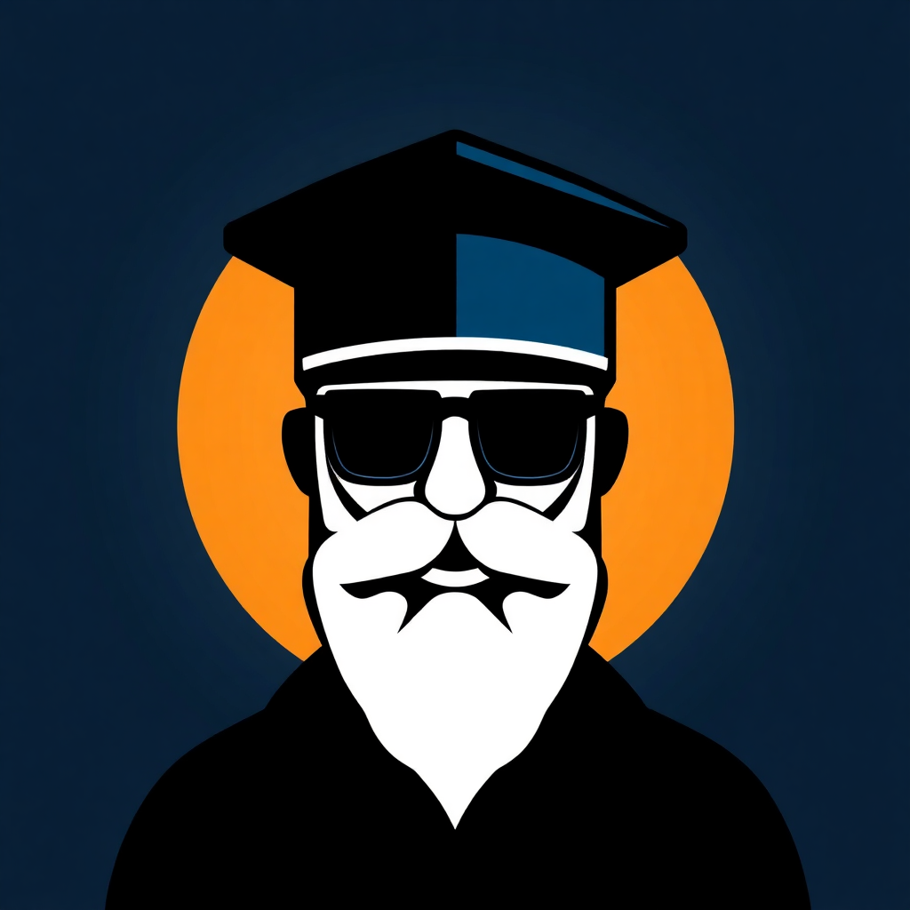 The image is a digital illustration of a man's face. The man has a white beard and mustache, and is wearing a black graduation cap and sunglasses. He has a serious expression on his face and is looking directly at the viewer. The background is a dark blue color with an orange circle in the center. The overall style of the illustration is flat and minimalistic.