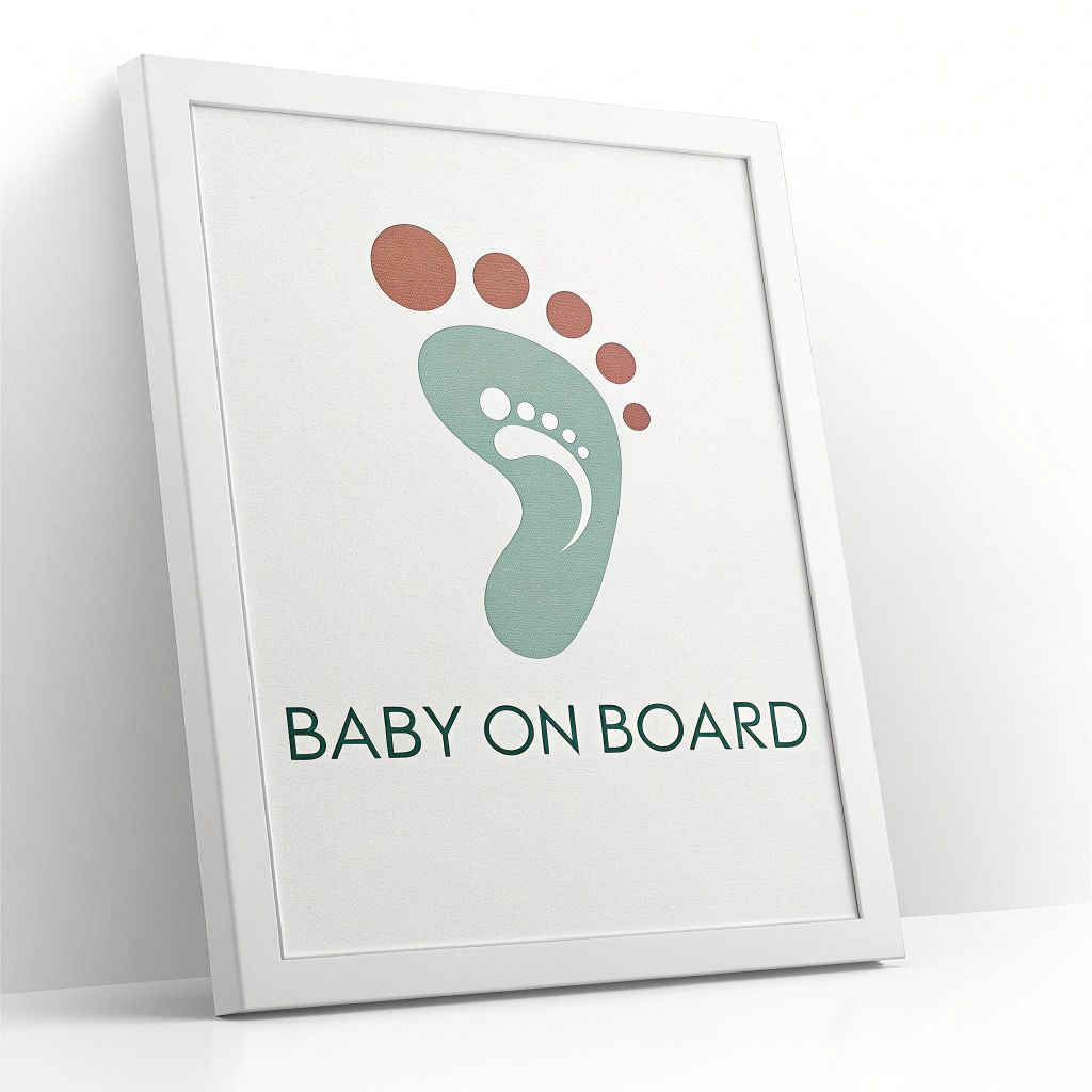 A minimalist design with a baby footprint and the text 'Baby on Board' in a modern font. Customizable with the baby's name.