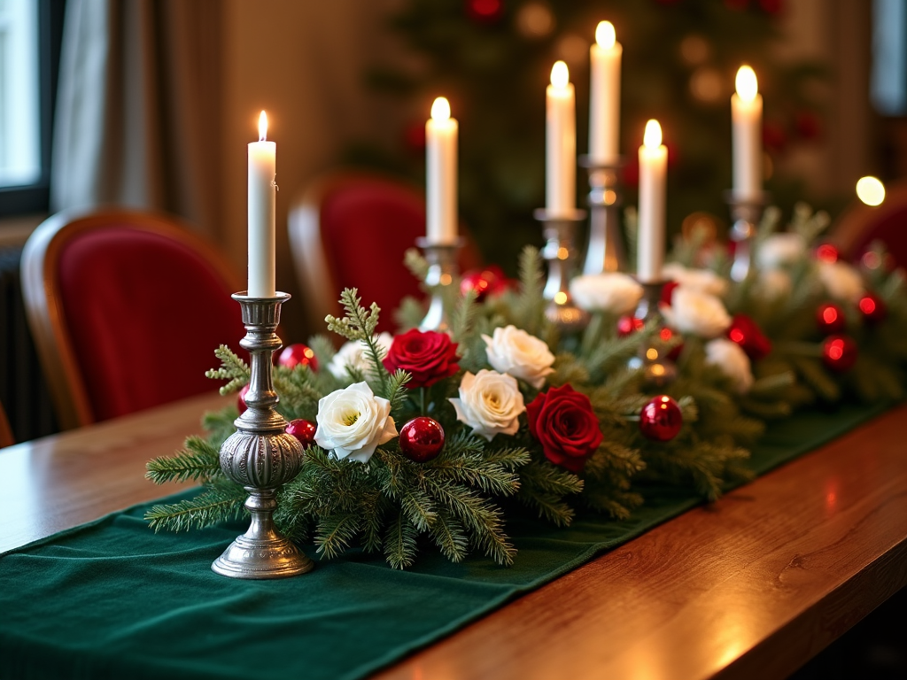 An elegant Christmas vignette with tall, elegant silver candlesticks, a velvet table runner in deep green, and an array of fresh white and red floral arrangements, creating a sophisticated holiday ambiance.