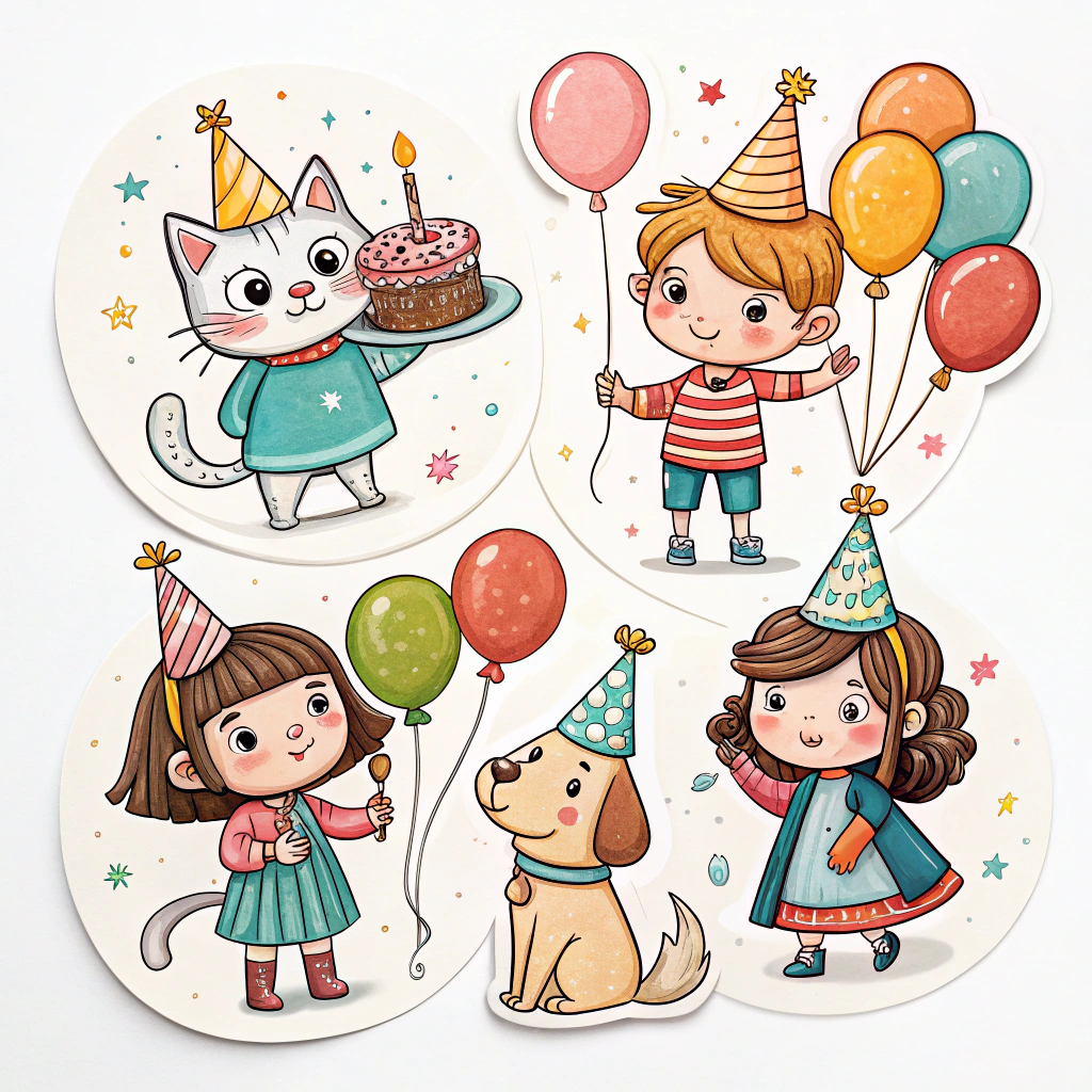 Design a series of stickers featuring different character illustrations, all with a consistent style and celebrating birthdays.